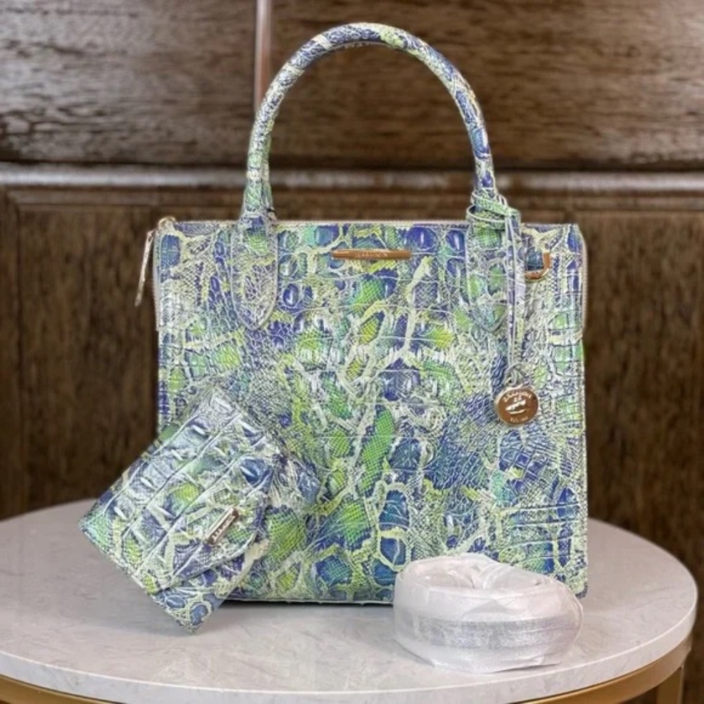 Brahmin Small Caroline Green Viper Melbourne Handbag Satchel + Wallet NWT